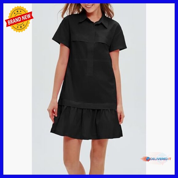 Cotton Drop Waist Ruffle Hem Shirt Dress Short Sleeve Button Down Tunic Pockets - Picture 4 of 7